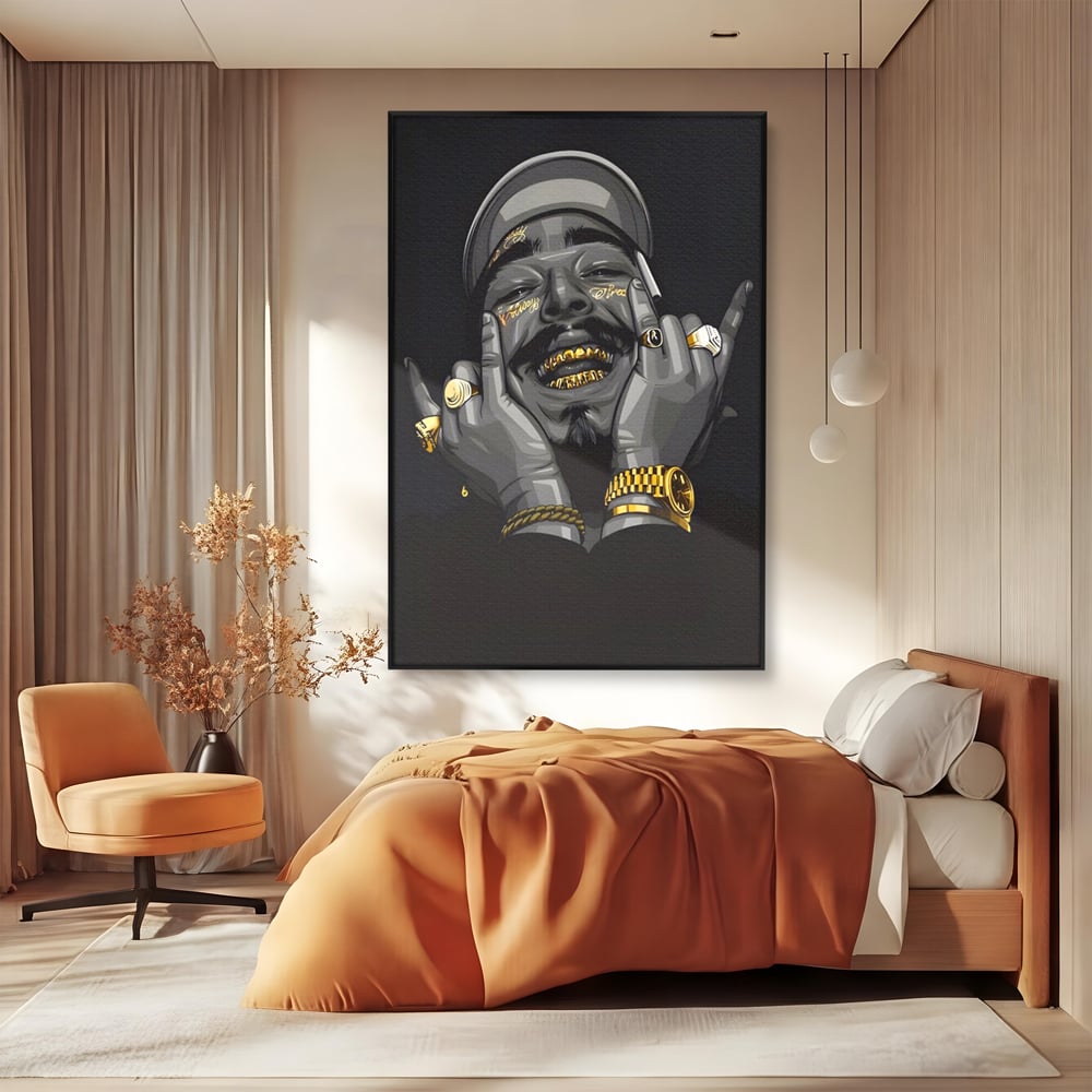 Tablou canvas cu tablou canvas cu portret post malone, in rama de aluminiu negru, pe perete intr-un dormitor